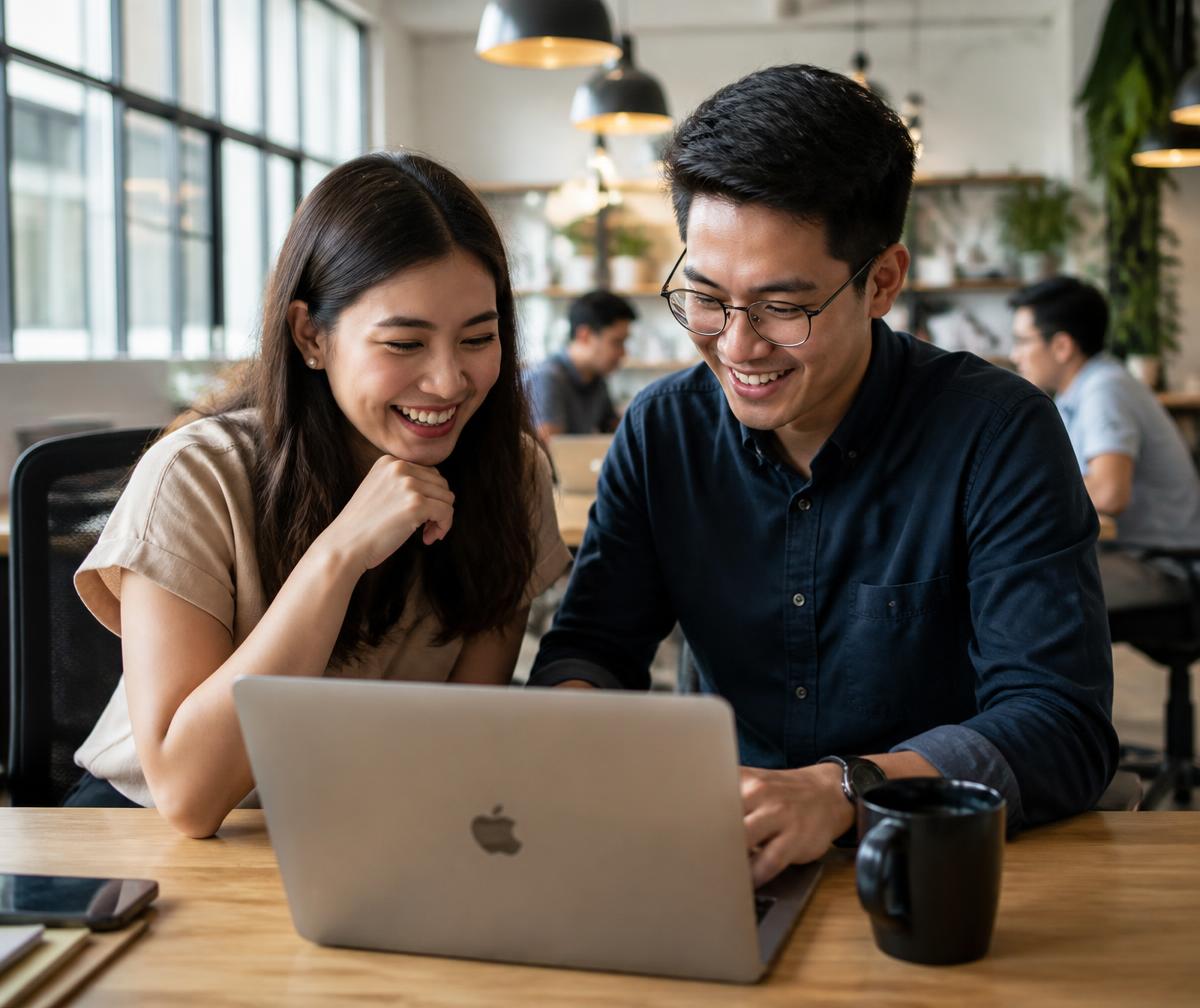 Two Filipino professionals learning together over a laptop
