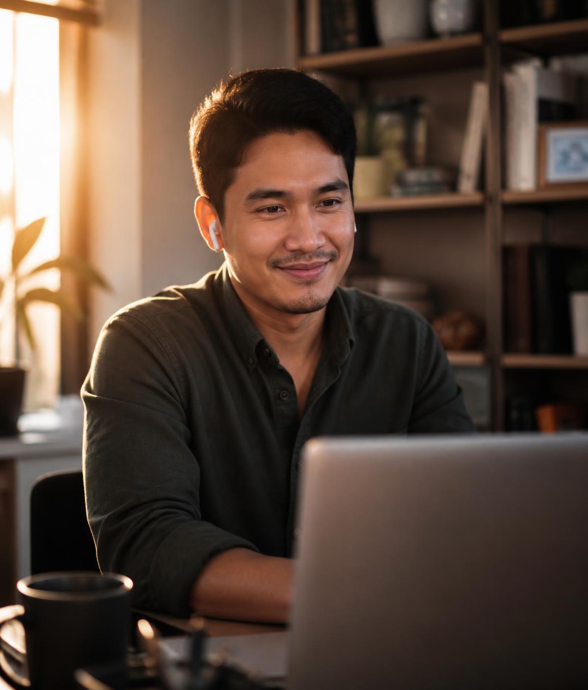 Filipino remote professional smiling during an online client call at golden hour